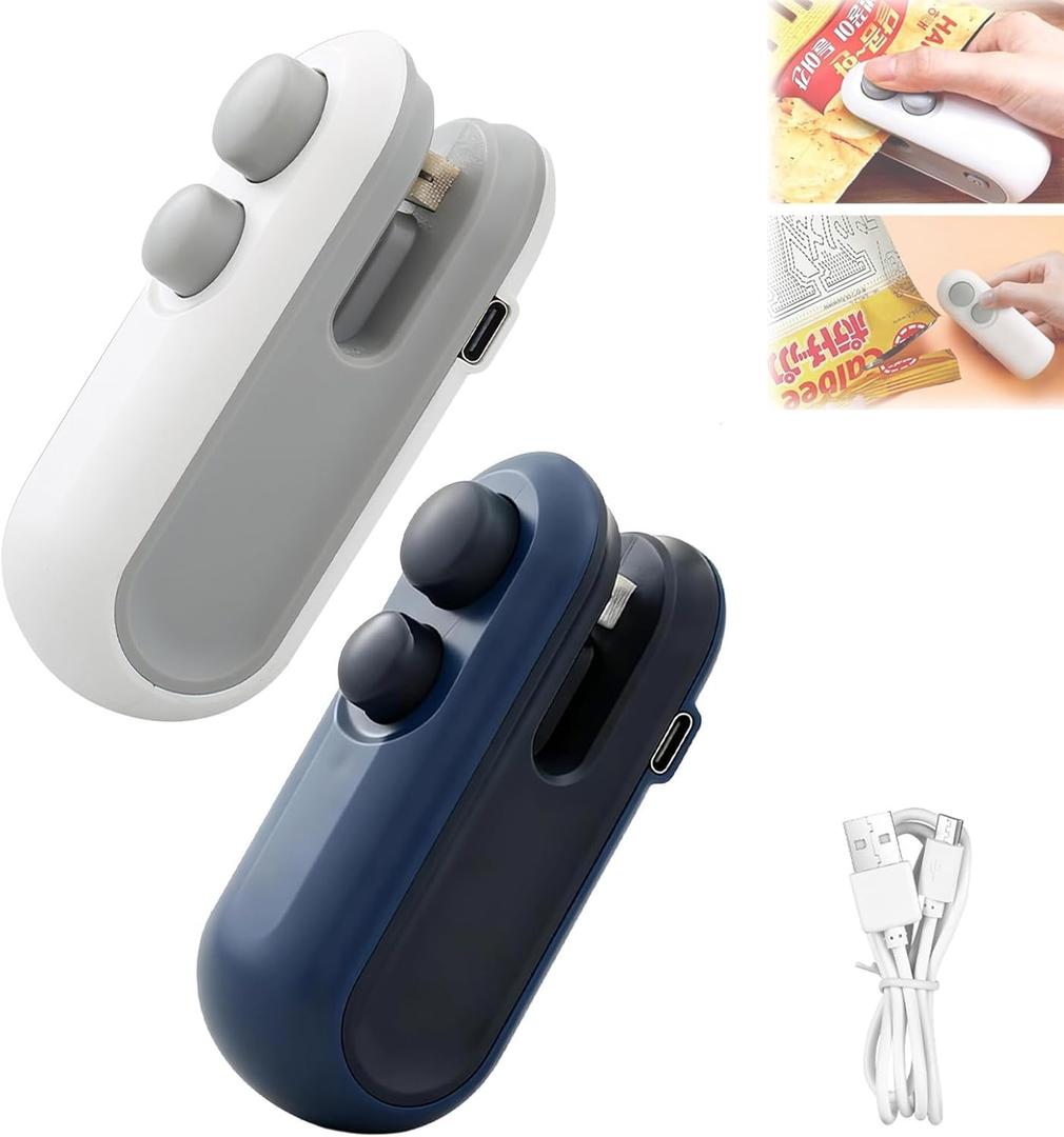 Mini Bag Sealer with Cutter and Magnet, Rechargeable Mini Bag Sealer and Cutter, Hand Pressure Portable Snack Plastic Heat Sealing Machine for Snacks, Food Freshness Storage (2, Blue+White)