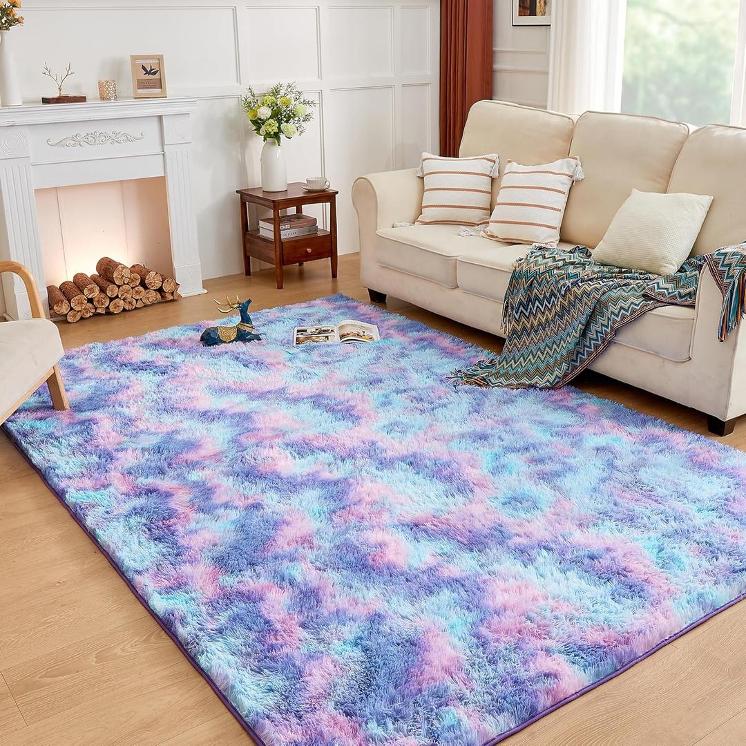 Andency 6x9 Area Rugs, Large Shag Fluffy Soft Shaggy Rugs for Living Room Bedroom, Non-Slip Tie-Dyed Unicorn Rainbow Thick Plush Carpet for Kids Girls and Boys, Dorm Nursery Home Decor Aesthetic