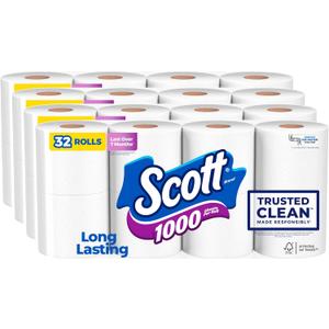 Scott 1000 Trusted Clean Toilet Paper, 32 Rolls, Septic-Safe, 1-Ply Toilet Tissue