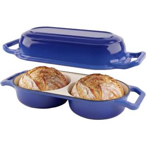 Double Dutch Oven Pot with Lid, 2.2QT Enameled Cast Iron Bread Loaf Pan, Mini Dutch Oven For Sourdough Bread Baking, 500F Oven Safe Non Stick Dual Round Bread Pan, Bread Oven, 16.5cm Diameter, Blue