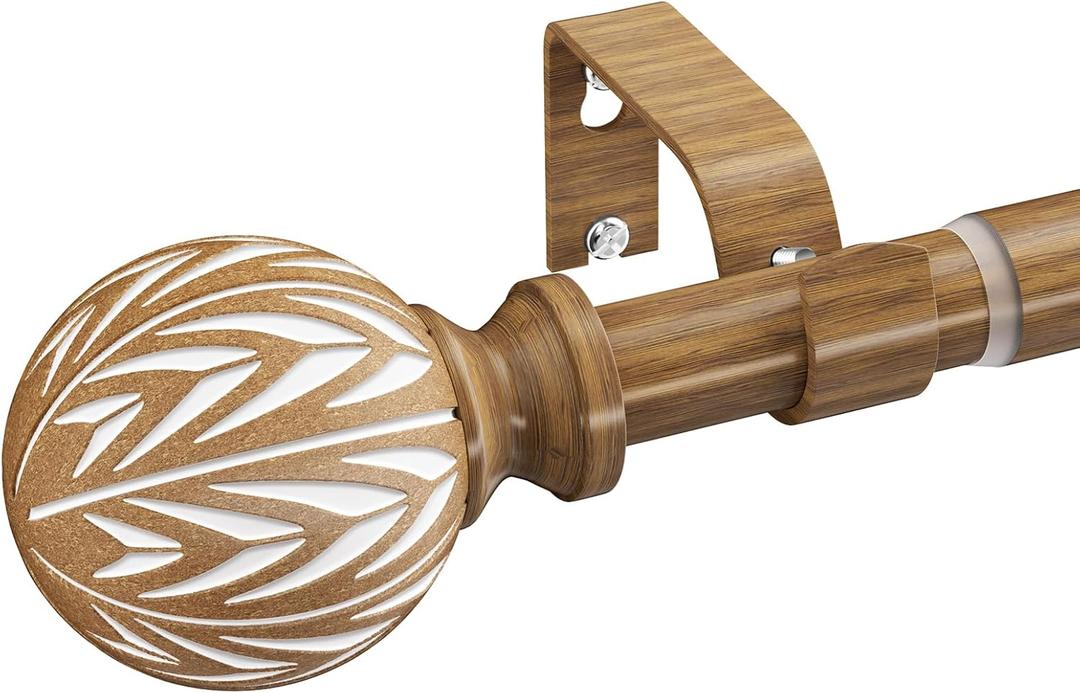 Wood Curtain Rod Adjustable, 36 to 120 Inch Boho Curtain Rods for Windows Heavy Duty Decorative Drapery Rods with Wood Grain Finial for Living Room Bedroom Kitchen Farmhouse