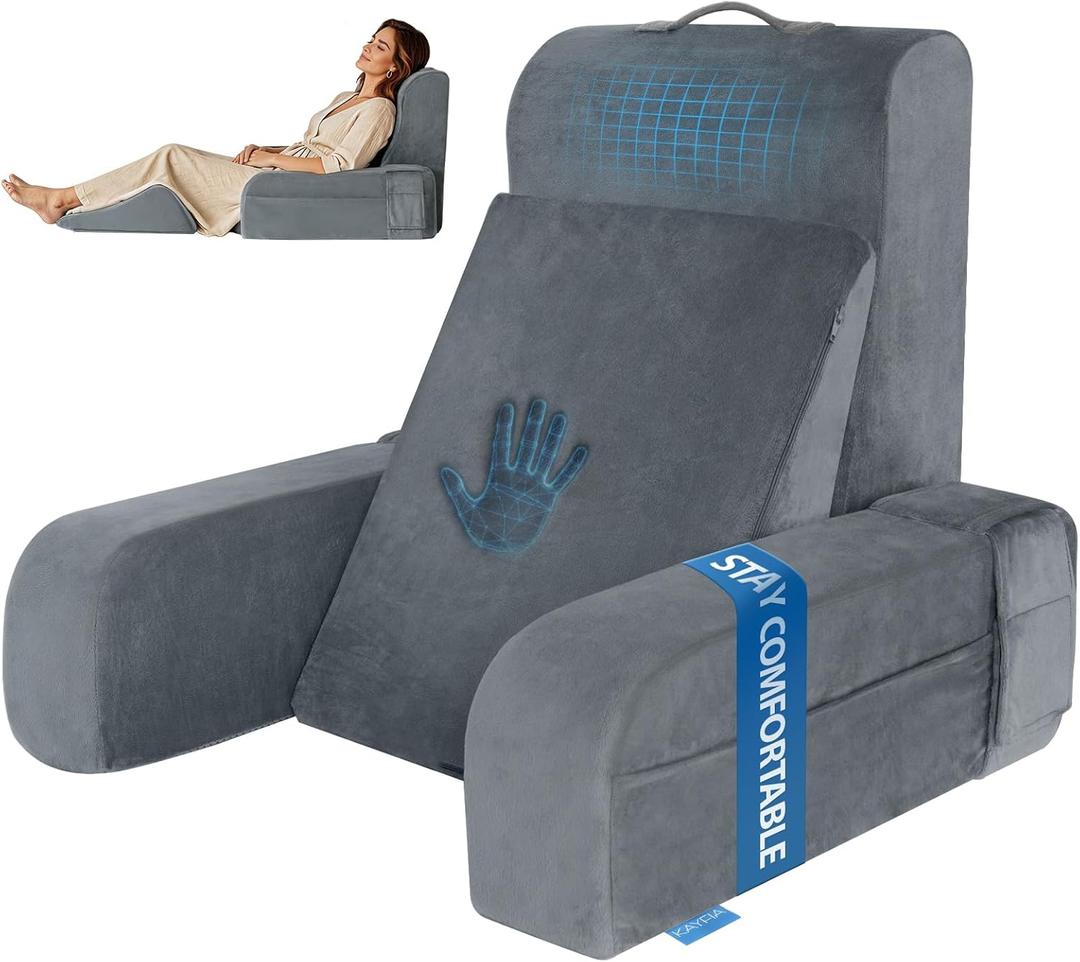 Kayfia Reading Pillow, 10 in 1 Back Pillow for Bed Sitting up with Detachable Arms Rest, Back Rest with Gel Memory Foam, Reading/Gaming/Working in Bed or Couch 19", Gray