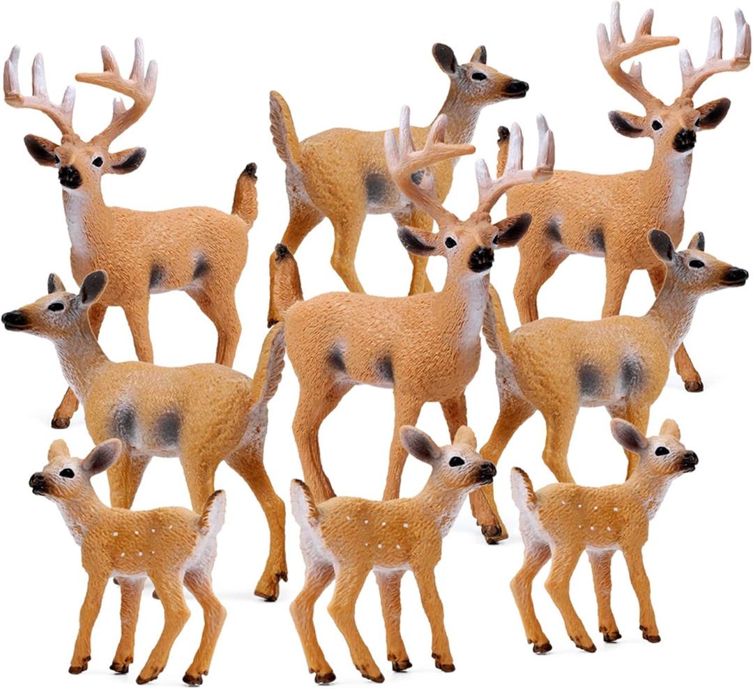 RESTCLOUD Deer Figurines Cake Toppers, Deer Toys Figure, Small Woodland Animals Set of 9