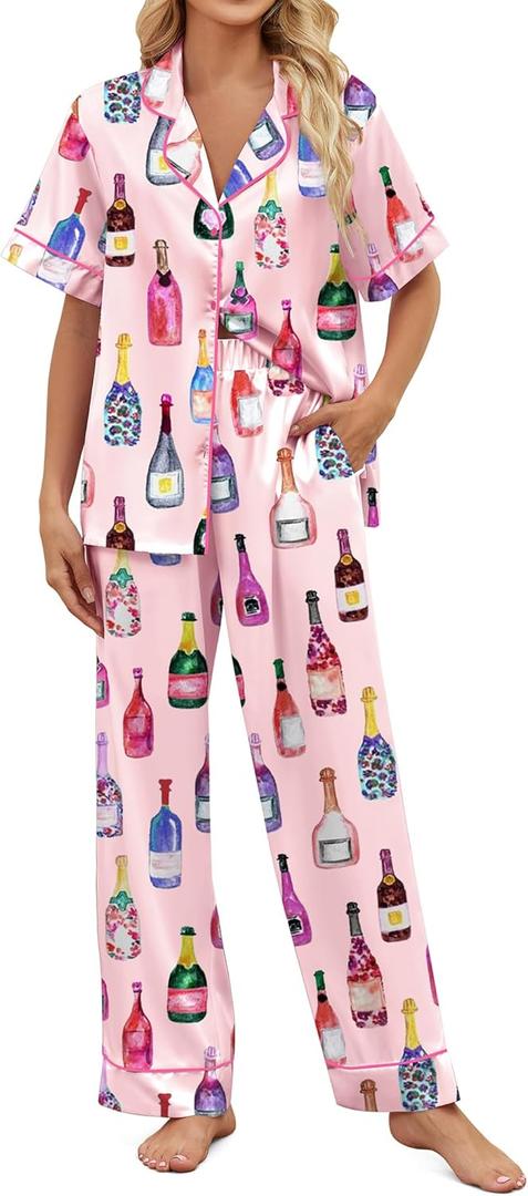 SHESHOW Satin Pajamas for Women Set Button Down Sleepwear Print Pjs Set 2 Piece Short Sleeve Long Loungewear Size Medium