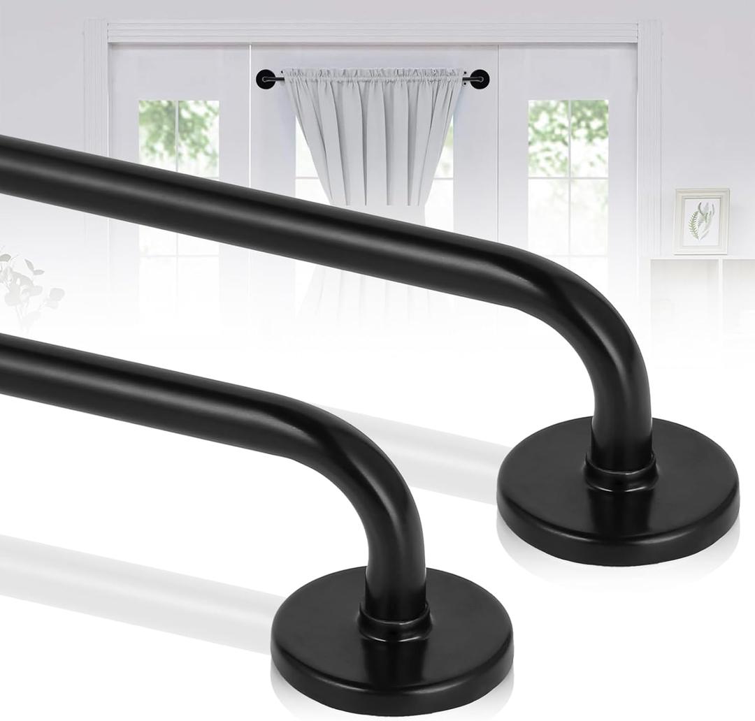 2 Pack Magnetic Curtain Rod for Metal Doors, French Door Curtain Rods Adjustable from 17 to 30 Inch, 3/8 Inch Diameter, Magnetic Cafe Curtains Rod, No Tool and Easy Installation, Black