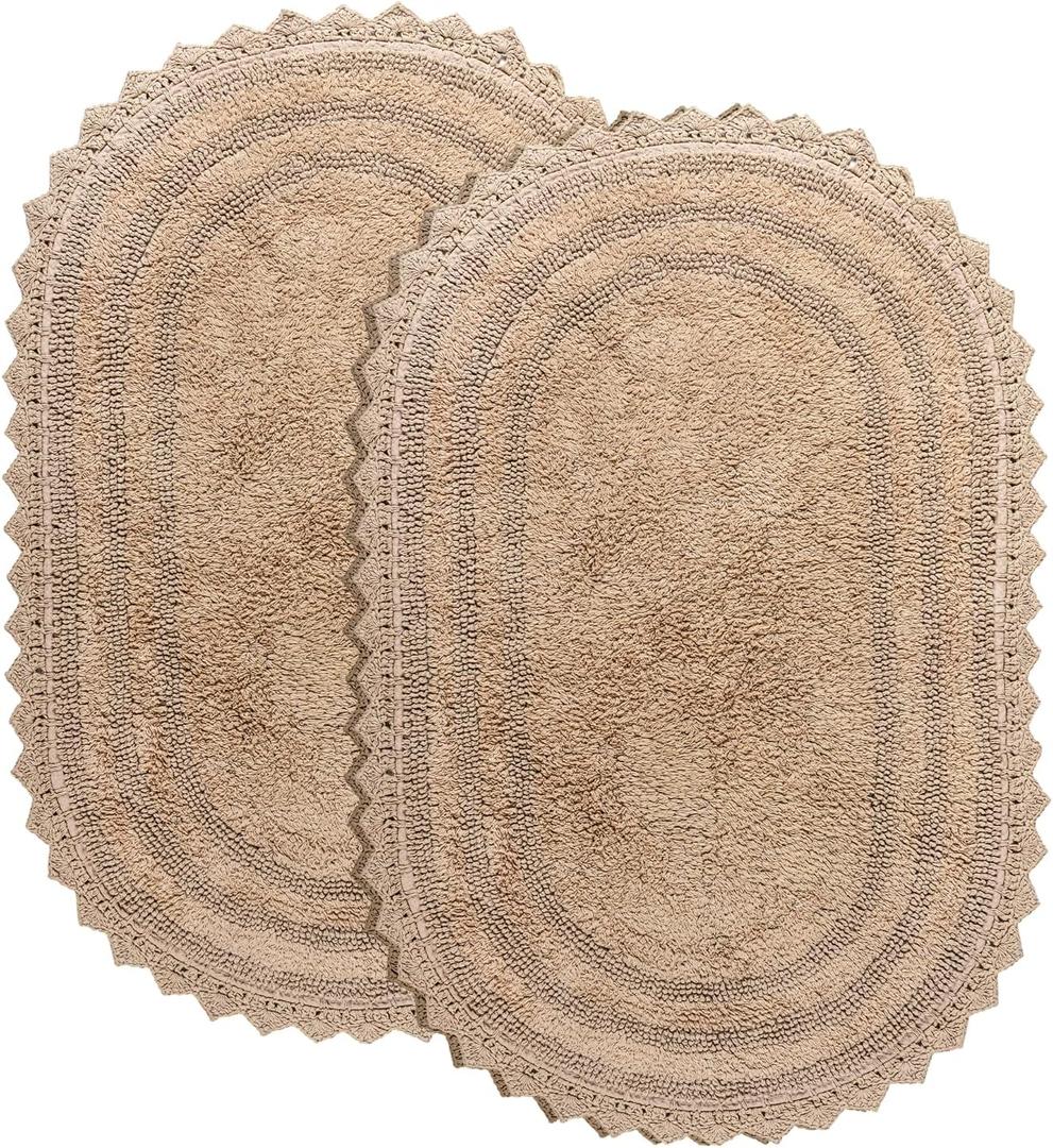 RAJRANG Cotton Bathroom Rug Pack of 2 - Oval 17x24 Inches Crochet Reversible Boho Bath Mat - Sand