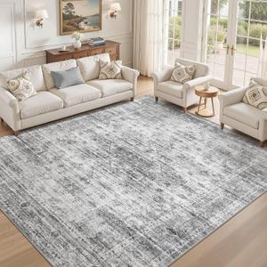 Washable Area Rugs 9x12, Soft Large 9x12 Rugs for Living Room Non-Slip Vintage Black Grey Indoor Carpet Stain Resistant Rugs for Dining Room Bedroom Nursery Kid & Pet Friendly