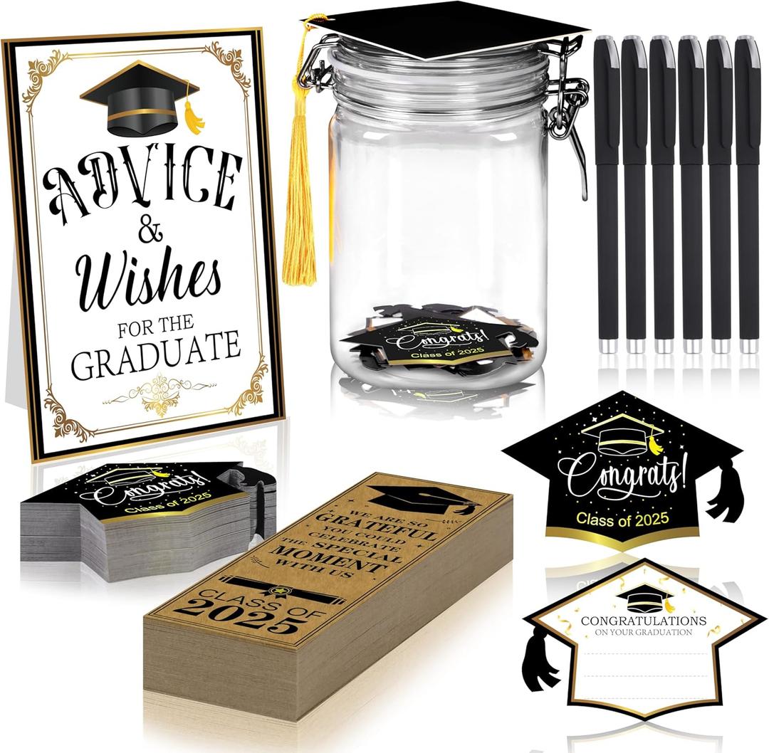 108Pcs Graduation Jar Advice Cards Gifts Class of 2025 Set with Table Sign Bookmarks Pens for College High School Grad Party Favors Decorations