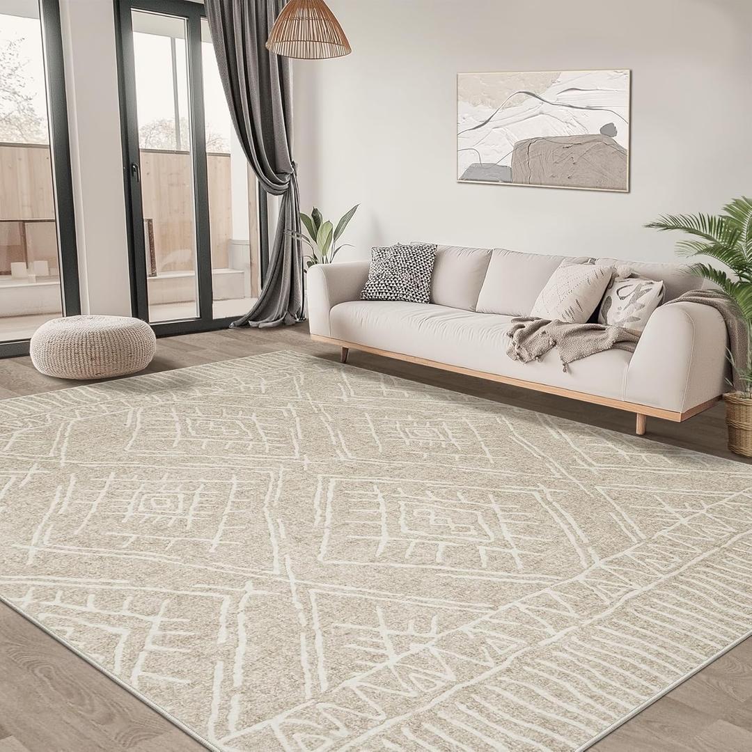 6x9 Area Rug for Living Room : Washable Rug Modern Geometric Soft Low Pile Non-Slip Stain-Resistant Carpet for Bedroom Dining Room Home Office - Beige