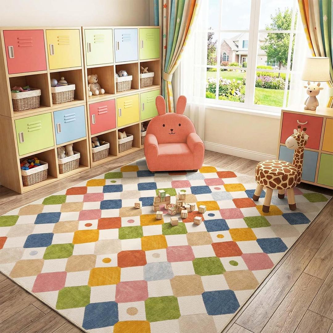 Jinchan Macy 7x9 Kids Area Rug for Classroom Modern Colorful Nursery Rug Checkered Diamond Playroom Washable Soft Non Slip Carpet for Playroom Living Room Bedroom Daycare Circus on Cream