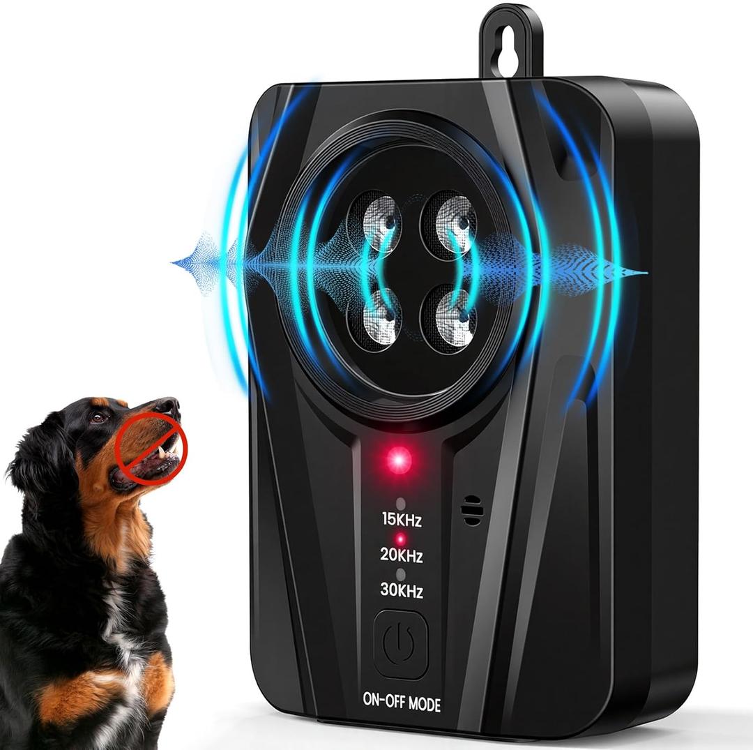 Queenmew Dog Bark Deterrent Devices, Automatic Anti Barking Device with 4 Ultrasonic Transmitters Long Range 50FT, 3 Mode Rechargble Barking Control Devices, Effective Stop Bark Box Outdoor & Indoor