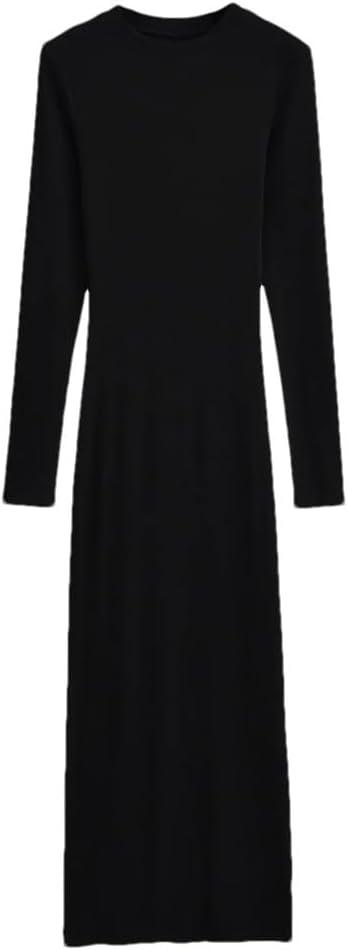 Women's Round Neck Slim Fit Long Sleeved Dress Solid Color Black Simple Waist Cinching Slim Fit Long Sleeved Base Skirt
size 9