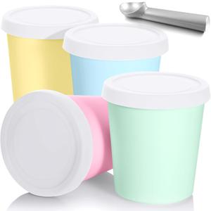 Nuenen 5 Pack Ice Cream Containers 1Qt Freezer Storage Tubs with Silicone Lids and Spoon for Homemade Ice Cream Reusable, Sorbet Dishwasher Safe (Macaron color)