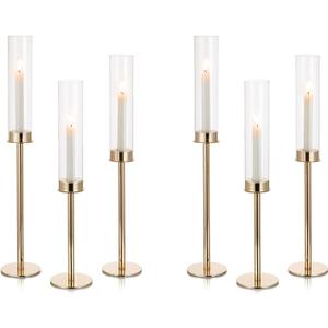 NUPTIO Hurricane Glass Candle Holders: 6 Set 23.6 & 21.7 & 19.7 in Tall Gold Metal Candlestick Holder with Crystal Chimney Tube Brass Tiered Taper Candles Stands for Christmas Holiday Party Decoration (Extra Taller Set)
