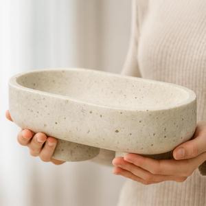 Natural Oval Travertine Decorative Bowl,Marble Friut Bowl with 2 Legs,Vanity Decorative Tray, Kitchen Countertop Decorative Bowl for Home Decor (Marble Bowl)