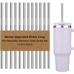 Newly Upgraded Extra Long 12In Metal Straws Reusable Set 12 PCS,BPA Free, Eco-Friendly Stainless Steel Straws Fit 40 oz Tumbler,for Hot/Cold Drinks
