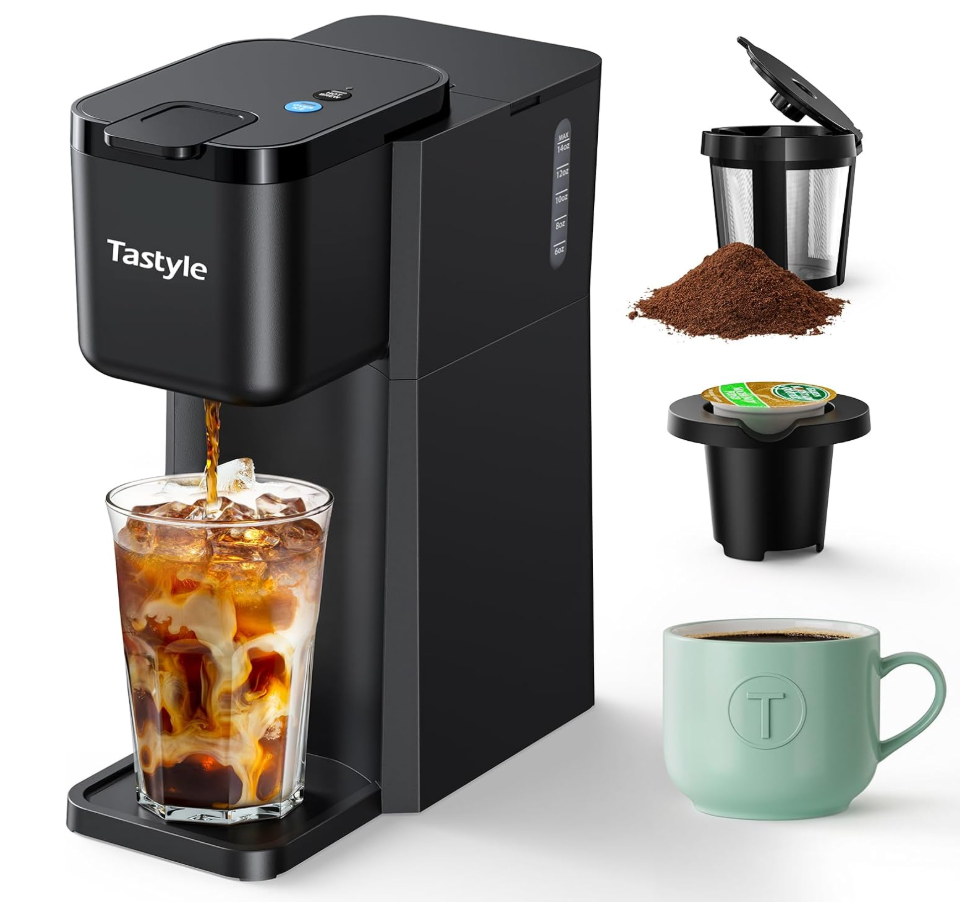 Tastyle Mini Hot and Iced Coffee Maker Single Serve, for K Cup and Ground, 6 to 14 Oz Brew Sizes, with Recipe Book, for Home, Travel, RV, Office and Dorm, Classic Black (2.0 Version)