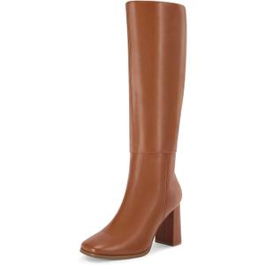 Coutgo Womens Wide Calf Knee High Boots Chunky High Heel Square Toe Fashion Leather Shoes with Side Zipper (Brown)