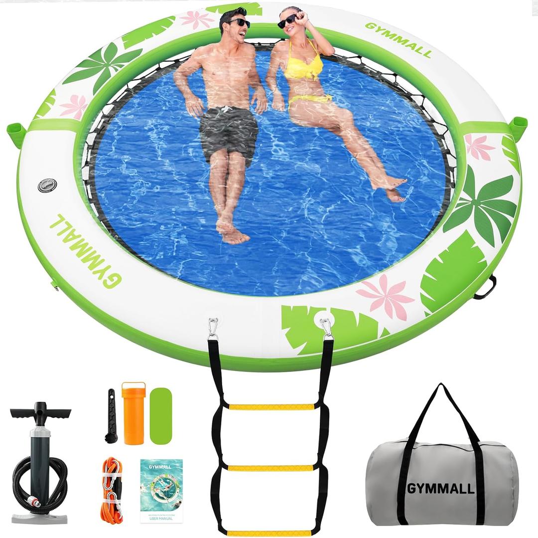 Inflatable Water Hammock Floating Dock 8 FT with Mesh, Tanning Pool Raft Round Ring for Adults, Sun Float Chill Platform for Lake and Beach with Water Ladder and Cup Holder
