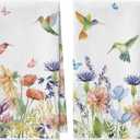 Artoid Mode Anemone Flower Hummingbird Bar Kitchen Towels, 12x24 Inch Quick Dry Microfiber Cloth Dish Towels for Kitchen Drying Set of 2 (Beige)