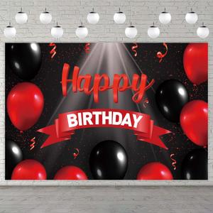 Happy Birthday Banner Backdrop Decorations Red and Black Balloons Spotlight Theme Decor for Girls Women Princess 16 Years Old Birthday Party Bday Photo Booth Props Supplies Background Favors Gold