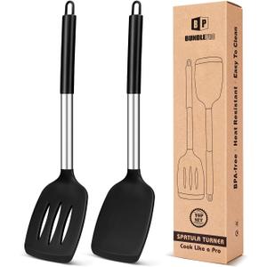 Pack of 2 Silicone Solid Turner, Non Stick Slotted Kitchen Spatulas, High Heat Resistant BPA Free Cooking Utensils, Ideal Cookware for Fish, Eggs, Pancakes(Black)