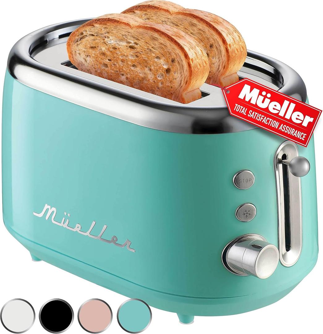 MUELLER HOME Retro Toaster 2 Slice, 7 Browning Levels, 3 Functions (Reheat, Defrost, Cancel), Stainless Steel Features, Removable Crumb Tray, Under Base Cord Storage, Turquoise