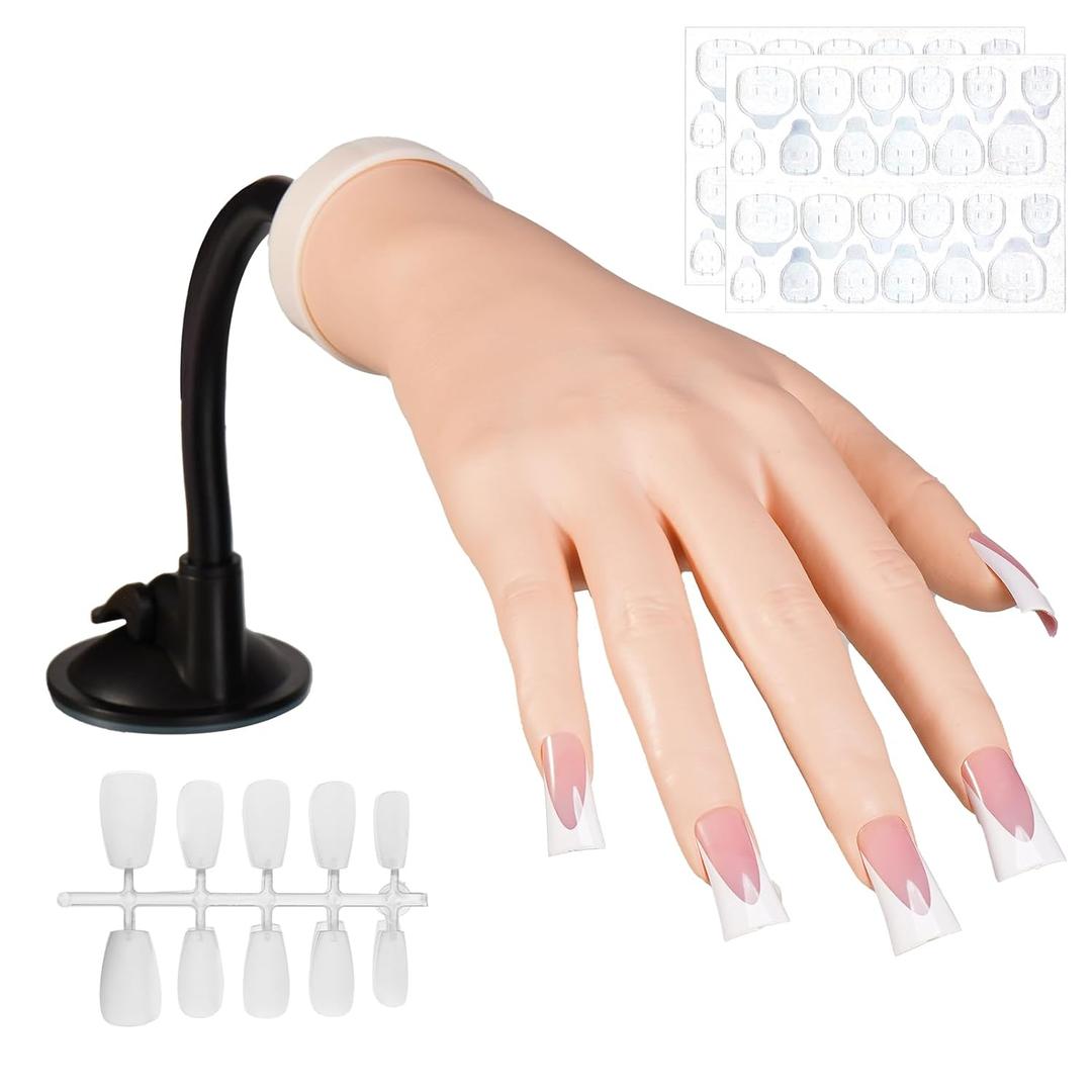 Silicon Practice Hand for Acrylic Nails, Realistic Fake Hand with Stand, 40 Nail Tips and 48 Adhesive Tabs, Reusable & Flexible Mannequin Training Model for Manicure & Nail Art Practice