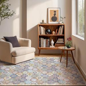 Kokia Trellis Moroccan 5x7 Washable Area Rugs Blue/Yellow, Oriental Rug for Living Room, Soft Non-Slip Foldable Rugs for Bedroom Dining Room (5'x7', Twilight/Iris/Chambray/Limeade)