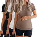 3 Pack Women's Maternity Shirts Short Sleeve Ribbed Knit Pregnancy Tunic Top Soft Crew Neck Casual Maternity Clothes (Small, Coffee, White, Black)