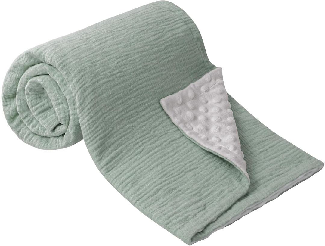 Bearmoss Baby Blankets for Unisex Boys Girls, Soft Nursery Crib Blankets with Muslin Cotton Front and Dotted Fleece Back for Newborns Toddlers 30x40inch (Sage Green)
