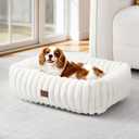 Washable Dog Bed for Small Medium Dogs - Rectangle Orthopedic Corduroy Fleece Pet Bed with Removable Cover and Nonskid Bottom, Calming Puppy Bed Soft Pet Sofa, Cream(25x21x7inchs)