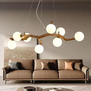 8-Light Mid-Century Sputnik Chandelier, Woodgrain Branch Arm Ceiling Light with White Globe Shades, Modern Farmhouse Pendant Fixture for Dining Room, Kitchen Island, Living Room, Bedroom