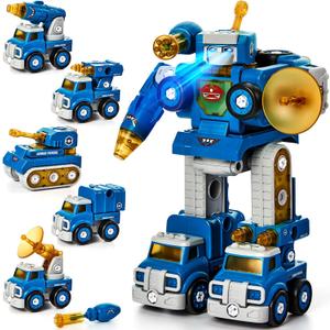 hahaland Toys for 5 Year Old Boy Birthday Gift, Stem Boys Toys 6 Year Old Boy Gifts, 5 in 1 Building Take Apart Trucks Transform to Robot Kids Ages 5-8, Montessori Creative Educational Drill Screw Set