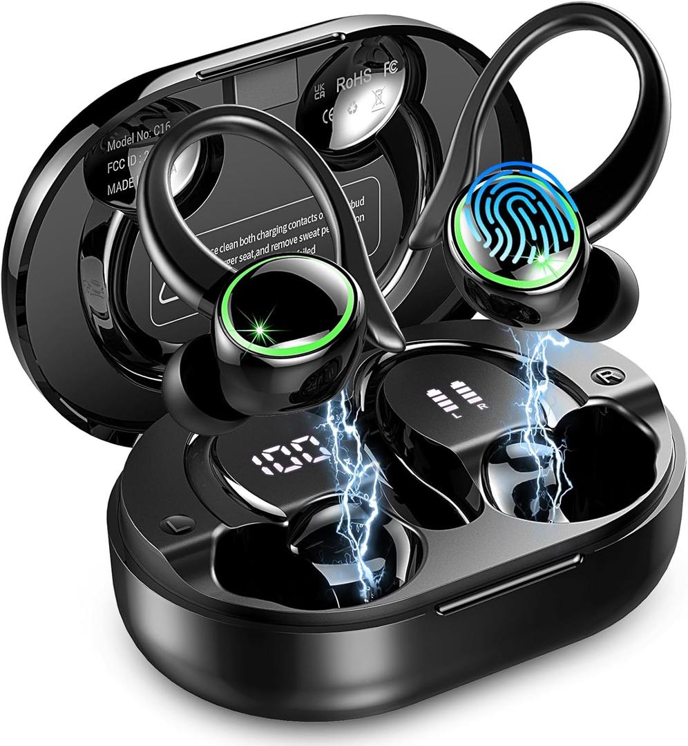 Wireless Earbuds, Bluetooth 5.4 Headphones Sports, 50H Playback Over-Ear buds with ENC Noise Cancelling Mic, Deep Bass Fitness Earphones with Earhooks, IP7 Waterproof Headset for Gym Running Workout (Dark Black)