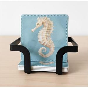 Seahorse Coasters Square Leather Drinks Coaster Set with Holder for Coffee Table Bar Home Decor 4 Inches Set of 6