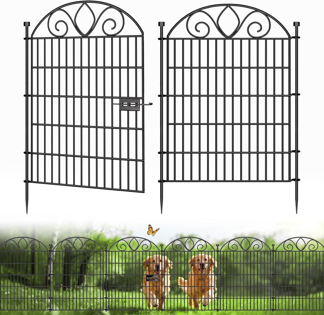 10 Panels No Dig Tall Garden Fence with Gate – 34" H X 22' L Rustproof Metal Dog Fences Outdoor for Yard, Decorative Animal Barrier Fence for Pet, Garden Border, Patio, Flower | Temporary Fencing