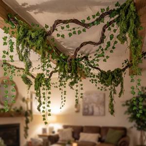 Giegxin 75 Inch Bendable Artificial Tree Branches Trunk with 12 Pcs 7.6 ft Artificial Ivy Garland Greenery Leaves Fake Vines, 7 oz Fake Green Moss for Wedding Party Garden Indoor Wall Home Decor
