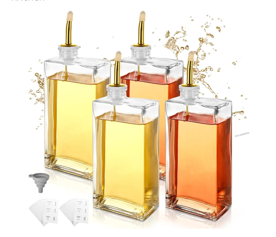 4 PCS Glass Olive Oil Dispenser Bottle for Kitchen 17 Oz/ 500 Ml Olive Oil and Vinegar Dispensers Bottle Set Gold Cooking Oils Dispensers 17 Oz Oils Container Kitchen
