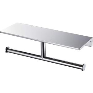 Double Roll Toilet Paper Holder with Shelf Solid Brass and Superior Hotel Style Tissue Dispenser Spared Storage Polished Chrome Finish