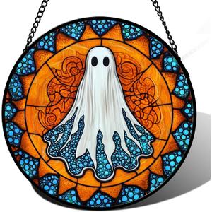 Stained Glass Window Hanging - Halloween Decorations White Ghost Suncatcher for Doors Garden Indoor Spooky Funny Blue Sun Catchers Gothic Decor Horror Gifts for Women Men Friend 7.8 in