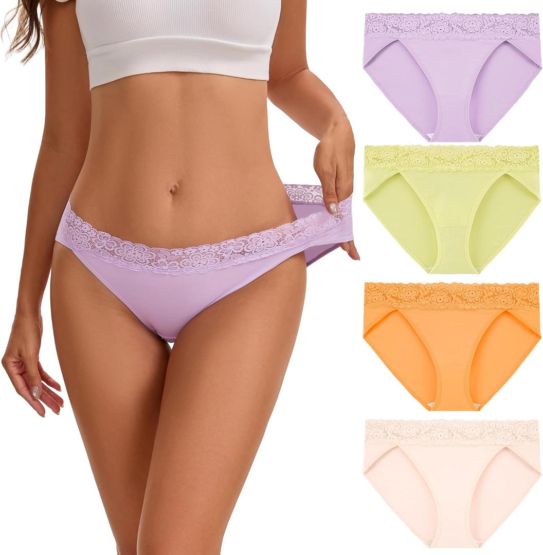 INNERSY Women's Cotton Bikini Underwear High Cut Lace Hipster Panties 4-Pack, L