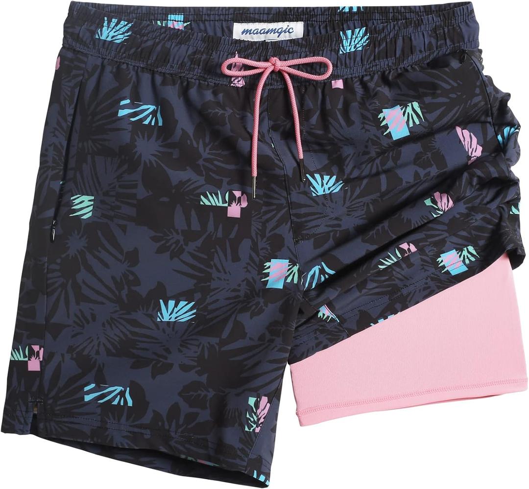 maamgic 2 in 1 Mens Swim Trunks 7 Inch Swim Shorts Swim Suits Board Shorts (Large, Spotlight Black)