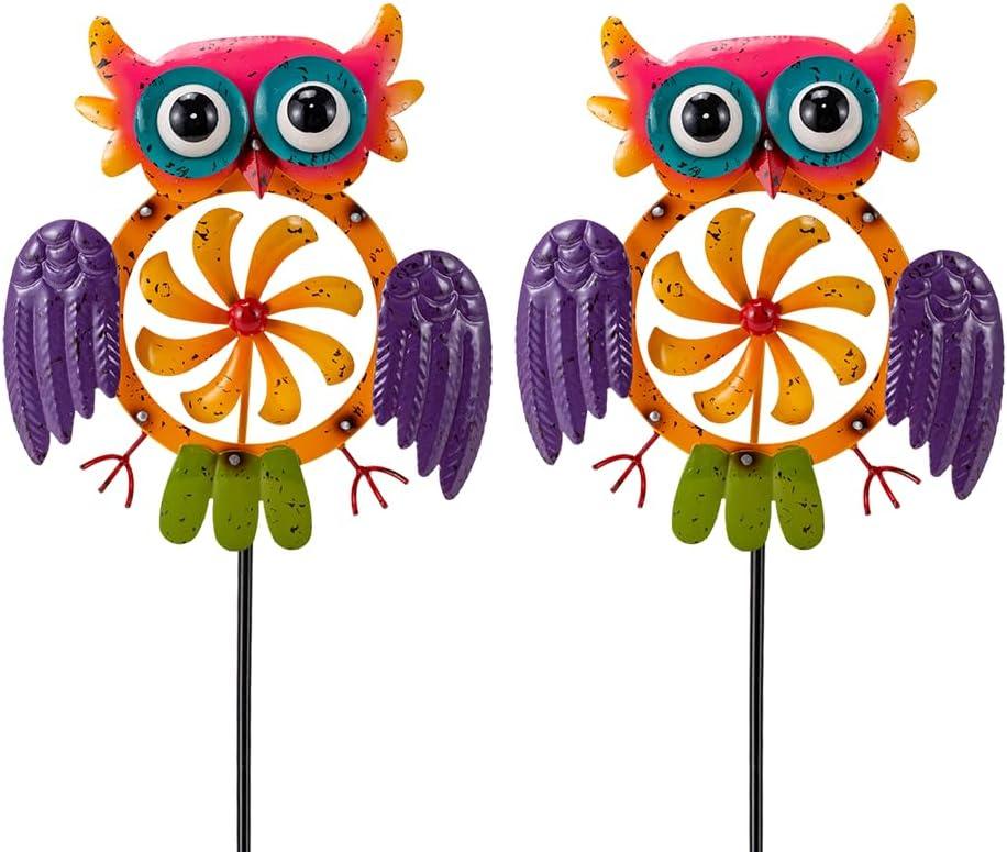Oak & Lore 2 Pack Colorful Owl Wind Spinners Outdoor Metal Garden Wind Sculptures & Spinners with Stakes for Patio, Lawn, Backyard Outdoor Decor