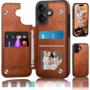 DJDUCK Designed for iPhone 16 Case Wallet with Card Holder, [Magnetic Clasp Cover] [RFID Blocking Leather Protection] Shockproof Women Men Cases 6.1 Inch for Apple 16 Light Brown