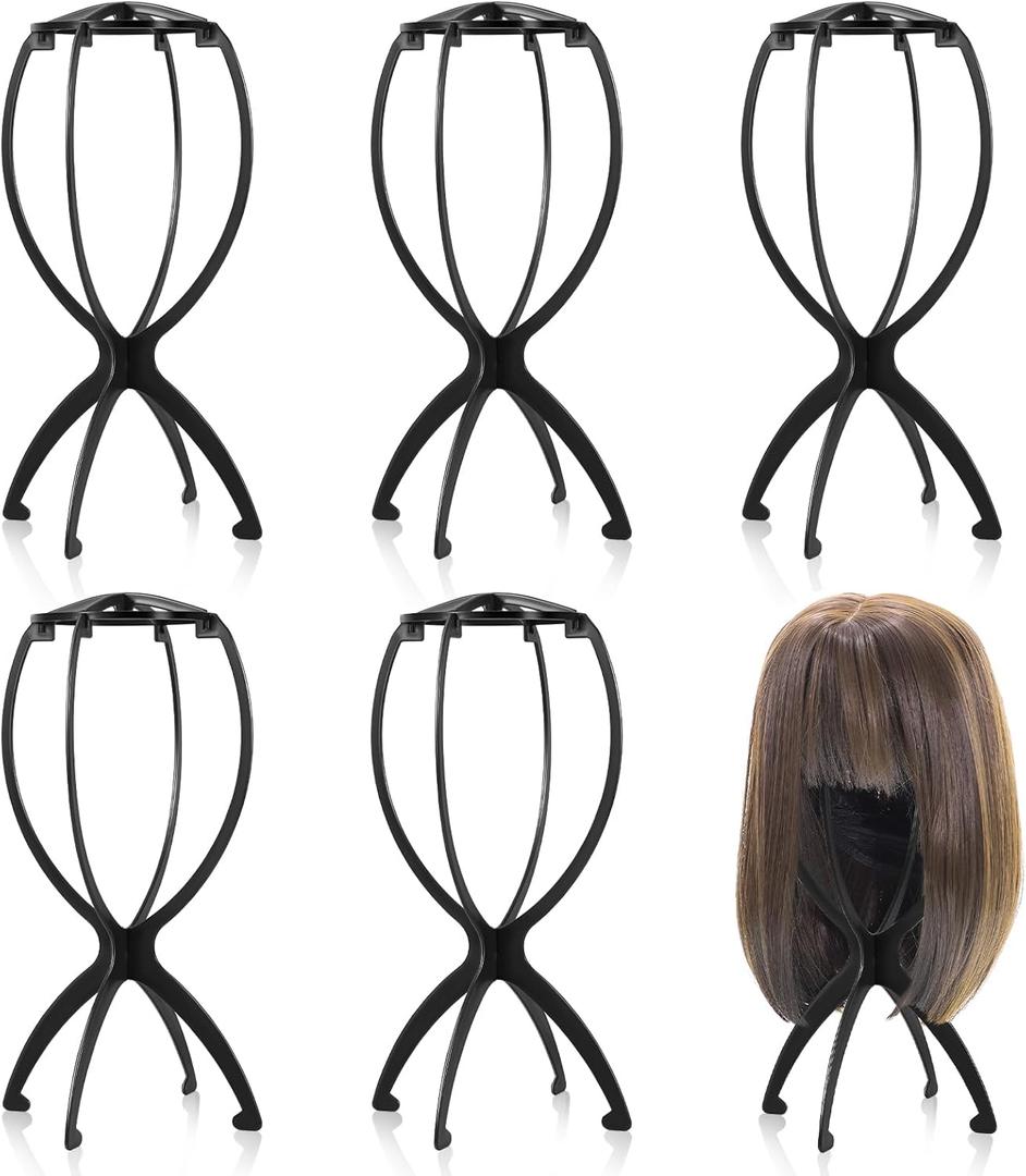 obeoby Wig Stand, Portable Wig Holder Wig Head Stand for All Wigs Travel Wig (black (6 pack))