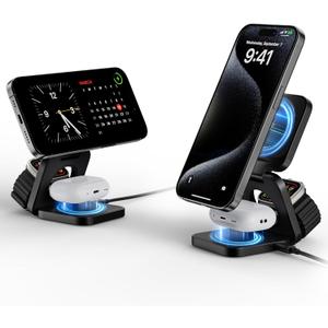 3-in-1 Wireless Charger Stand, LULULOOK 15W Magnetic Charger Wireless Fast Charging Station for iPhone 16/15/14 Series, Aluminum 5W Charger for Apple Watch, AirPods, USB-C Charging Cable Included