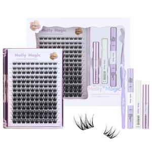 Molly Magic Victoria Lash Clusters Kit, 8-18mm Wispy Natural DIY Eyelash Extensions with Ultra-Thin Band, Complete Set Includes Waterproof Black Bond & Seal, Remover, Tweezers for Beginners
