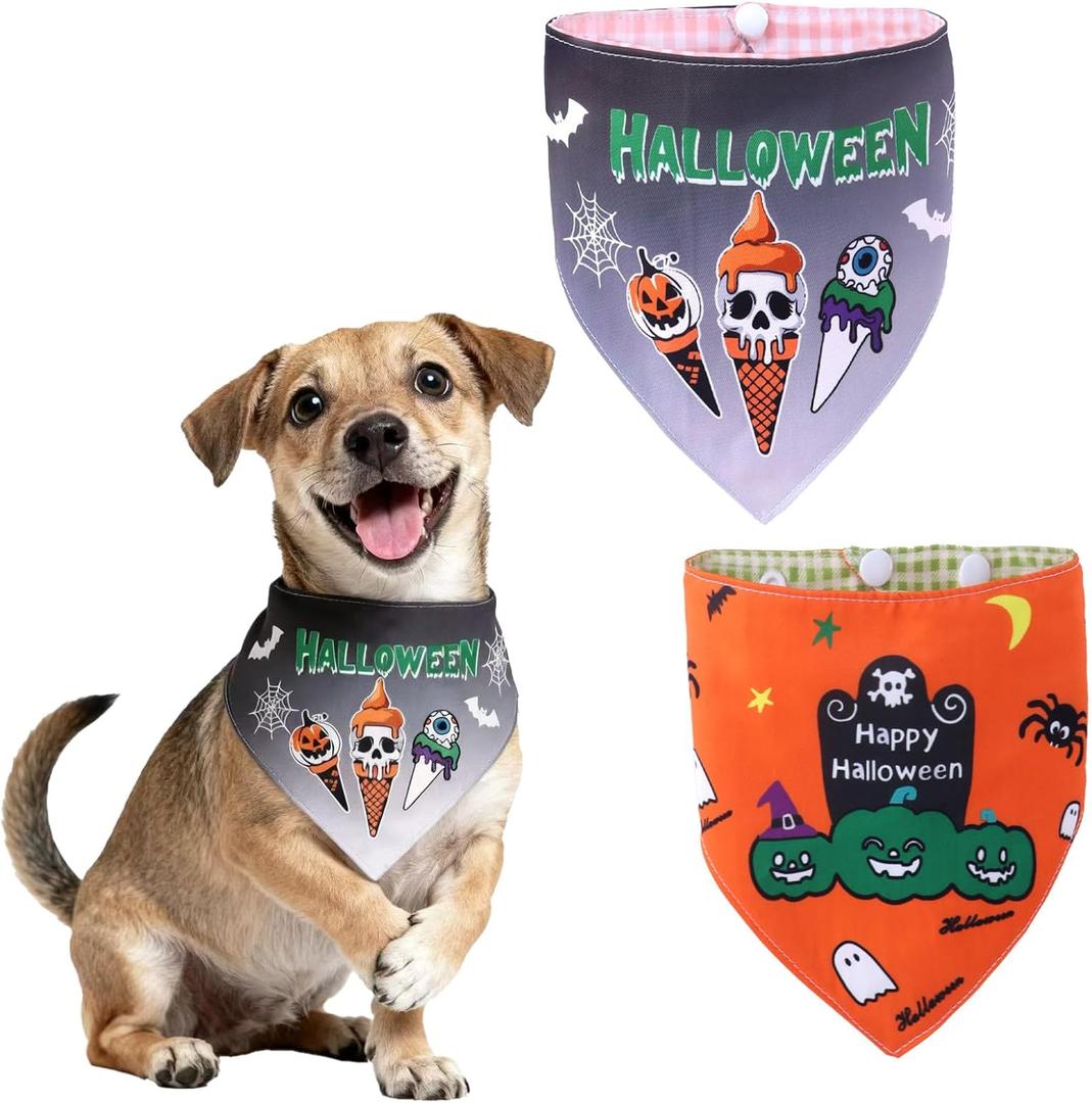 Halloween Dog Bandanas 2-Pack, Reversible Pet Costume Set with Pumpkin Scarf Bibs, Multi-Theme Patterns for Dogs, Cats, Puppies - Halloween Party Cosplay (Large