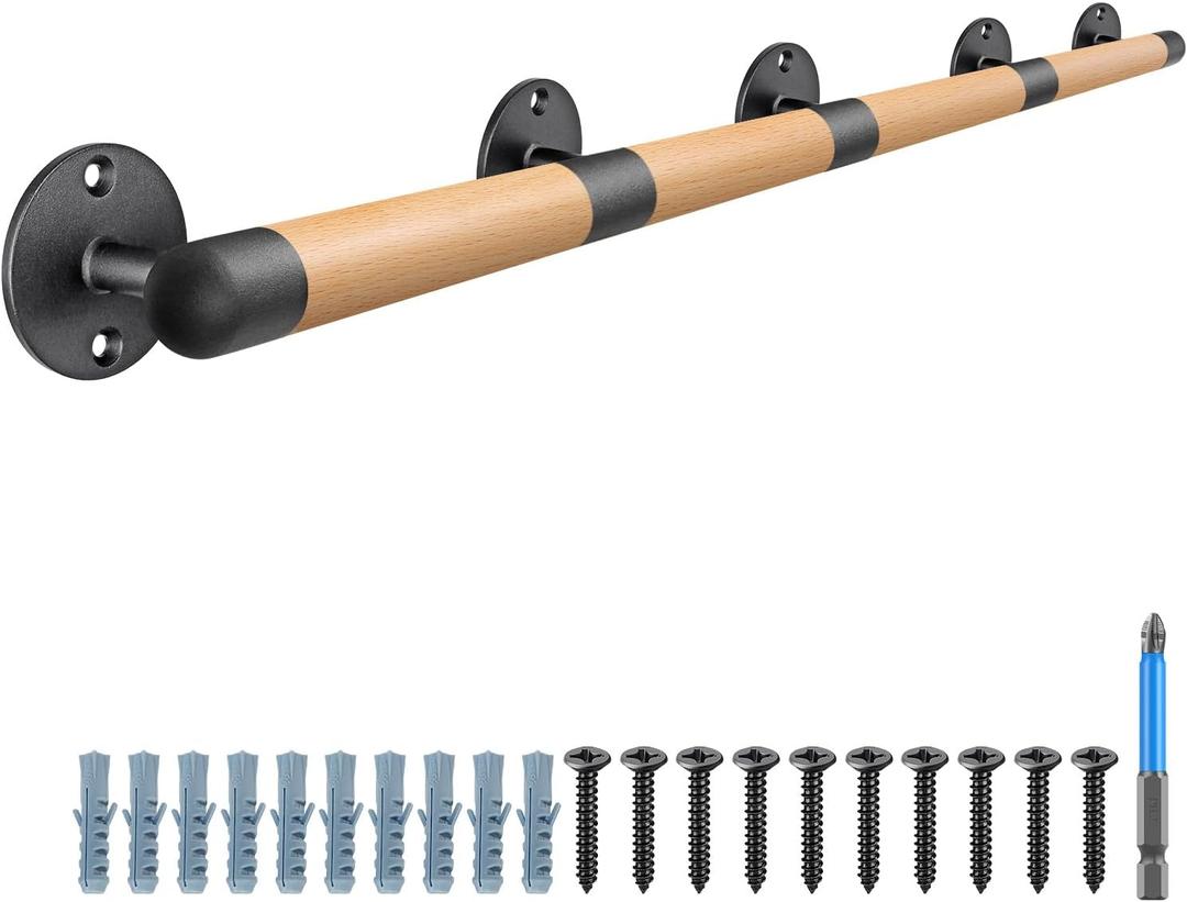 SELEWARE 67 Inch Wood Handrail Indoor Stair Handrail Drywall Mount Handrail w/Sturdy Metal Barckets, Barrier-Free Staircase Grab Bar for Elderly, 1.3 Inch Round